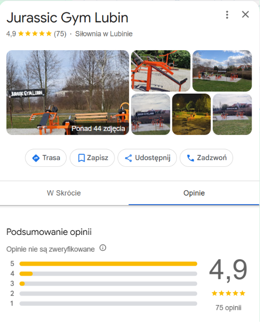 Profil Jurassic Gym Lubin i podsumowanie opinii 4,9 w Mapach Google