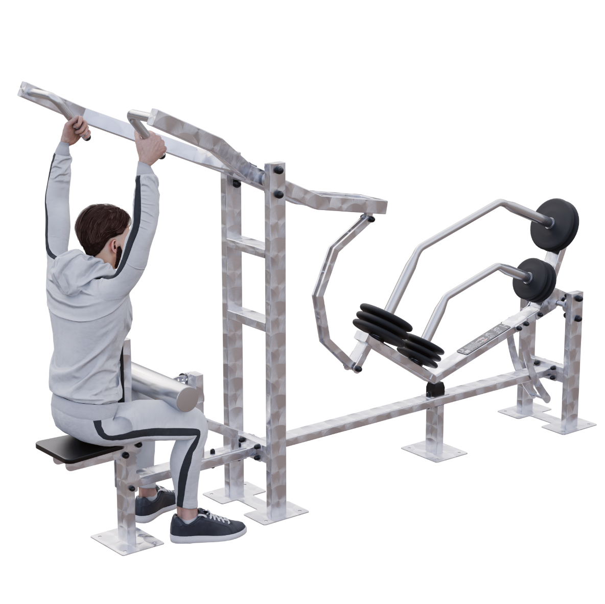 Start position: seated securely with arms extended upward holding the bar