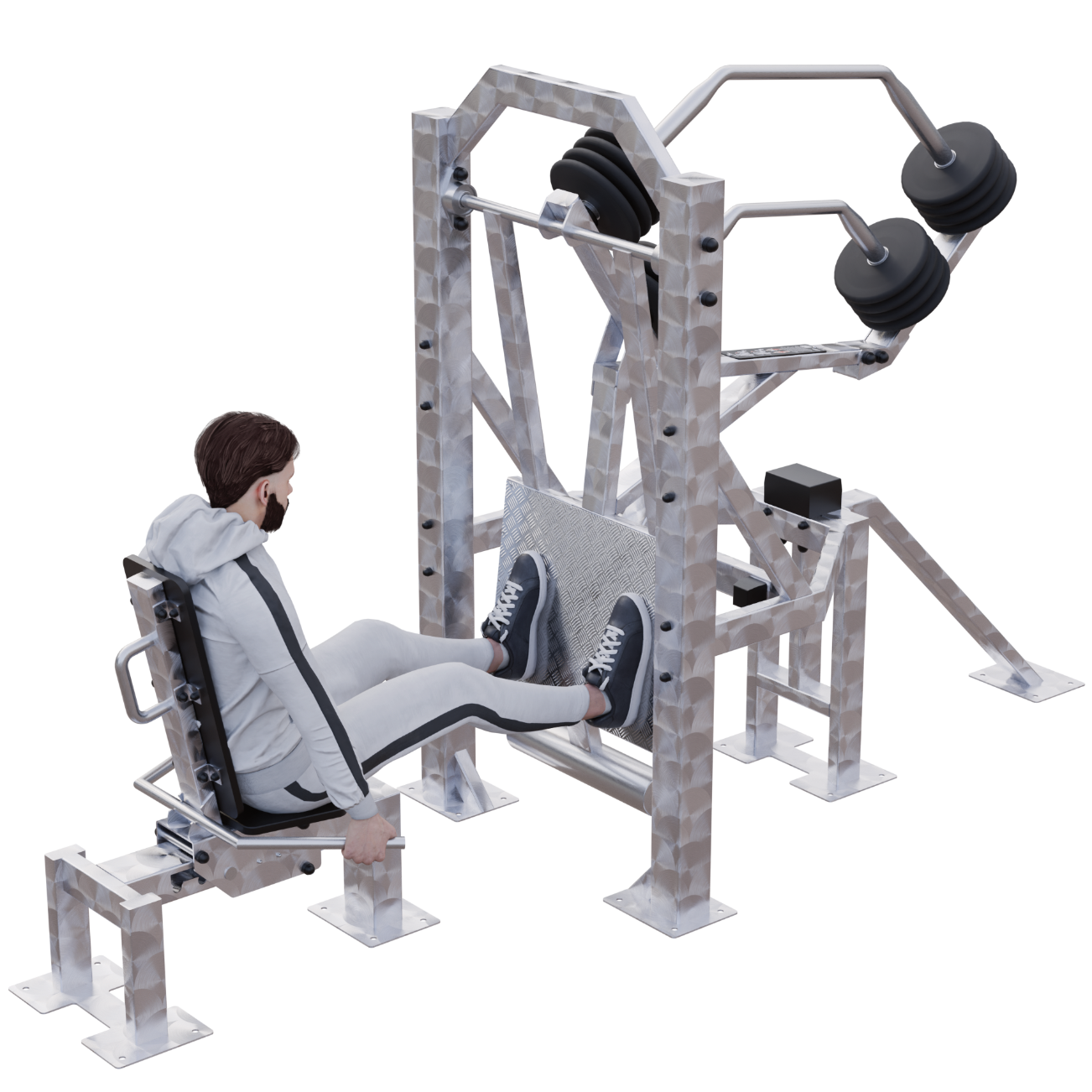 End position: platform pressed away with knees slightly bent, not locked