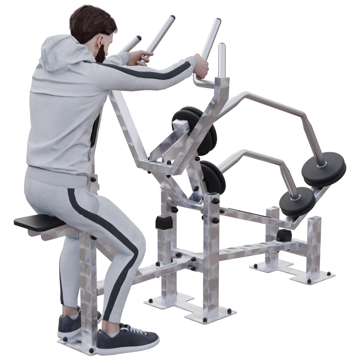 Start position: seated securely with arms extended toward the handles
